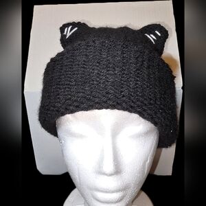 Black Cat Ear Beanie Handmade Knit Hat Winter Unisex Adult Size